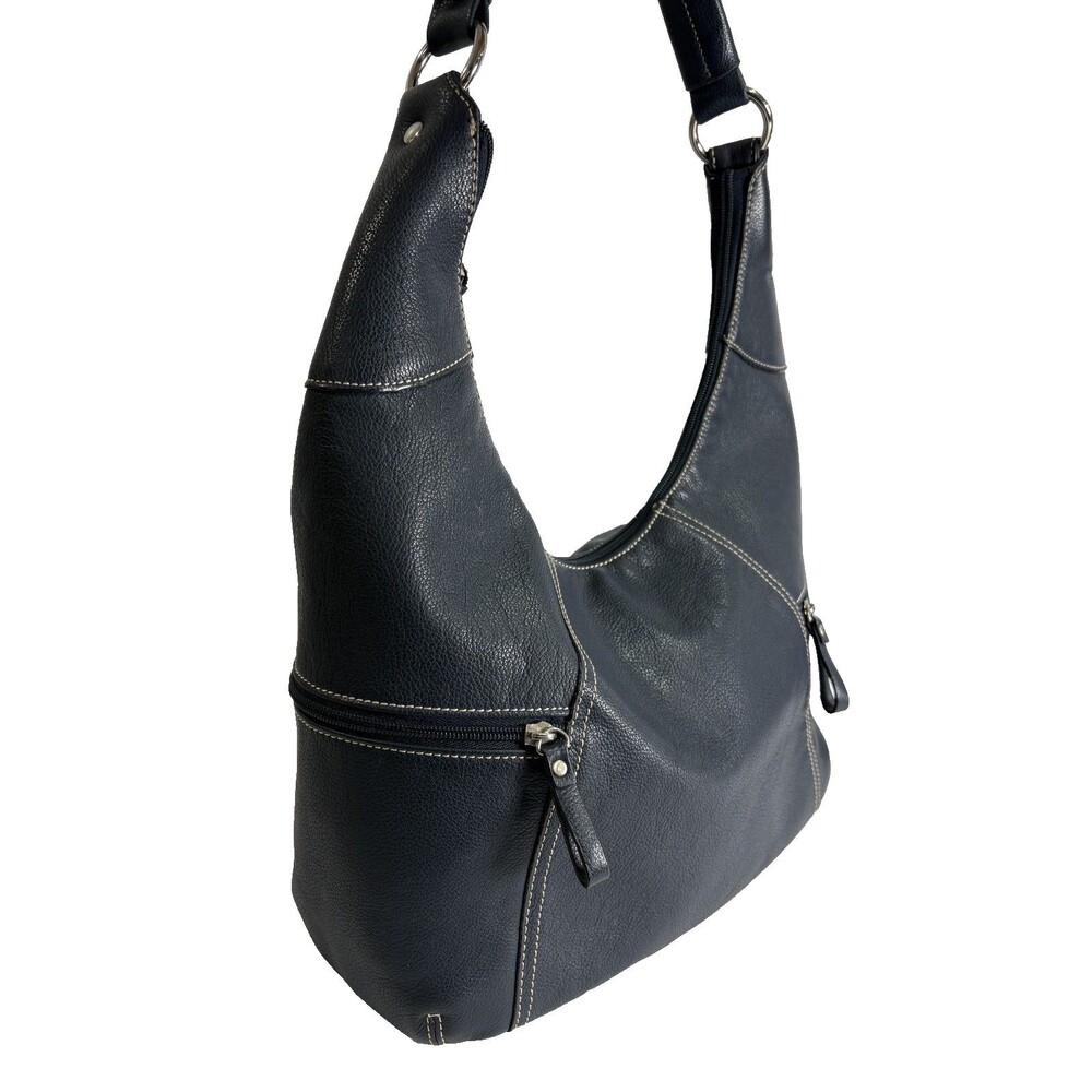 Aurielle Women's Navy Blue Leather White Stitching Shoulder Bag Hobo - Picture 4 of 9